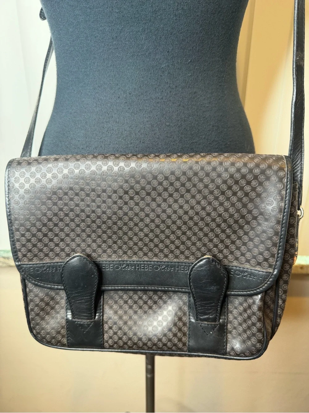 Vintage Hebe Leather Monogram Black Patterned Crossbody Messenger Bag